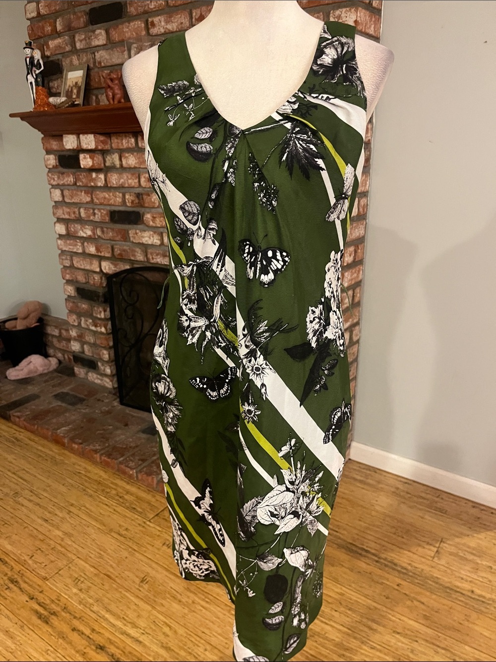 Talbots Olive Green Floral & Butterfly Midi Dress